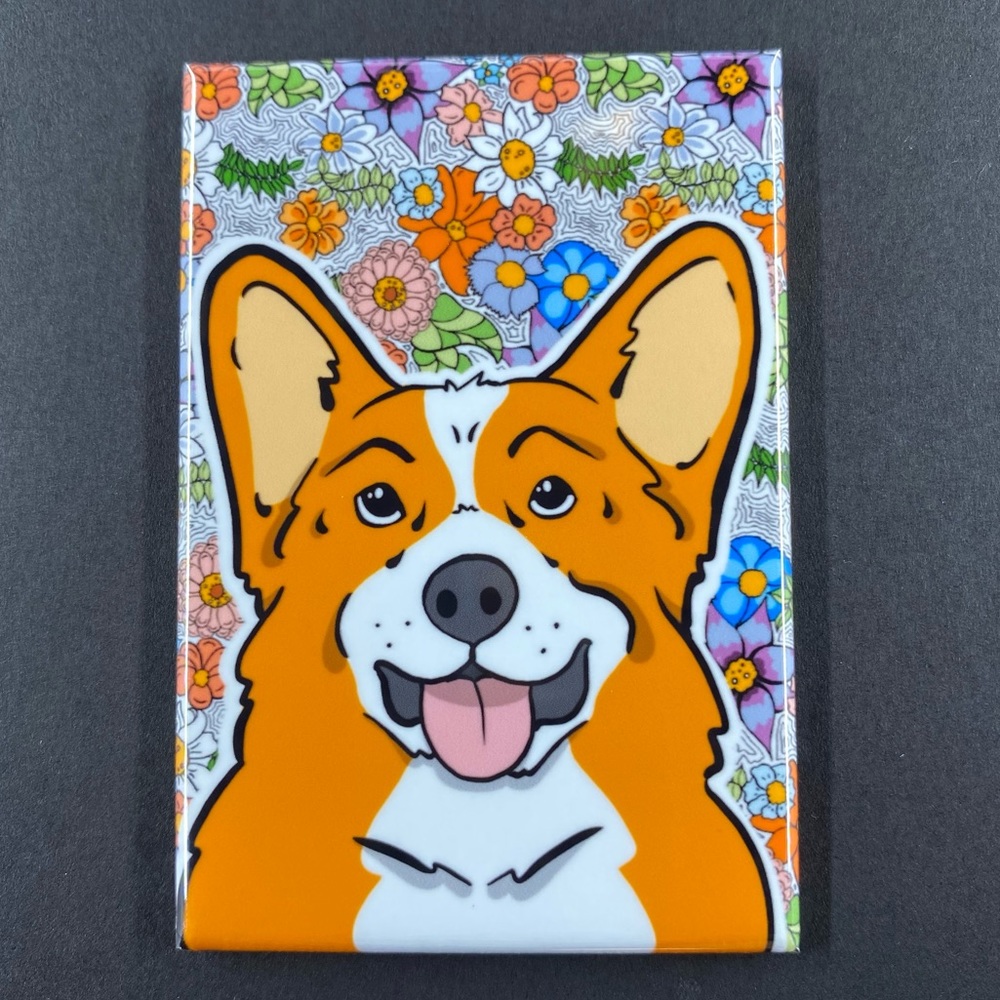Red Welsh Corgi Dog Retro Flower Magnet Handmade Kitchen & Office Decor